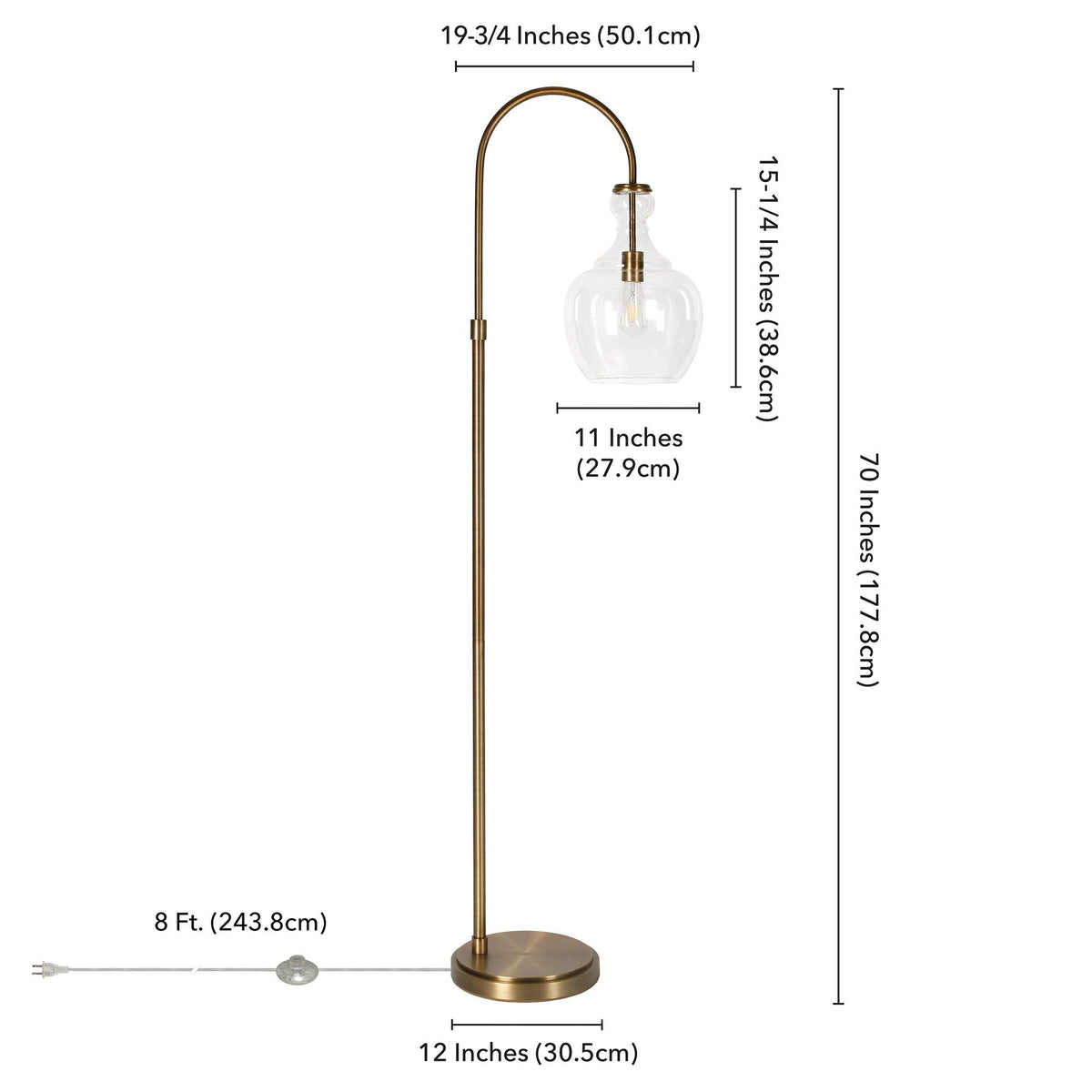 Inspired Arco Style Arc Floor Lamp with Glass Shade in Brass/Clear, Floor Lamp