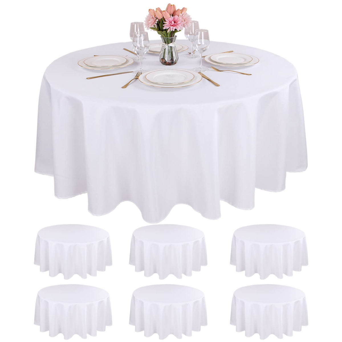 90 Inch Round Tablecloth White Polyester Fabric Table Covers 6 Packs