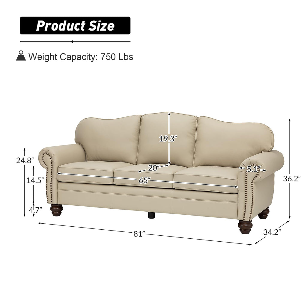81" Genuine Leather Sofa, Classic 3-Seater Couchs with Wood Legs, Stylish & Comfortable Sofa, Easy Assembly Maintain