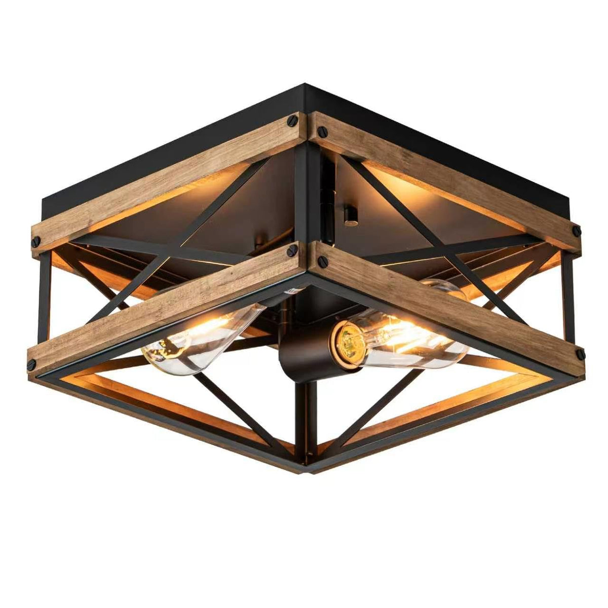 2-Light Black Rustic Wood Farmhouse Flush Mount Ceiling Light Fixture