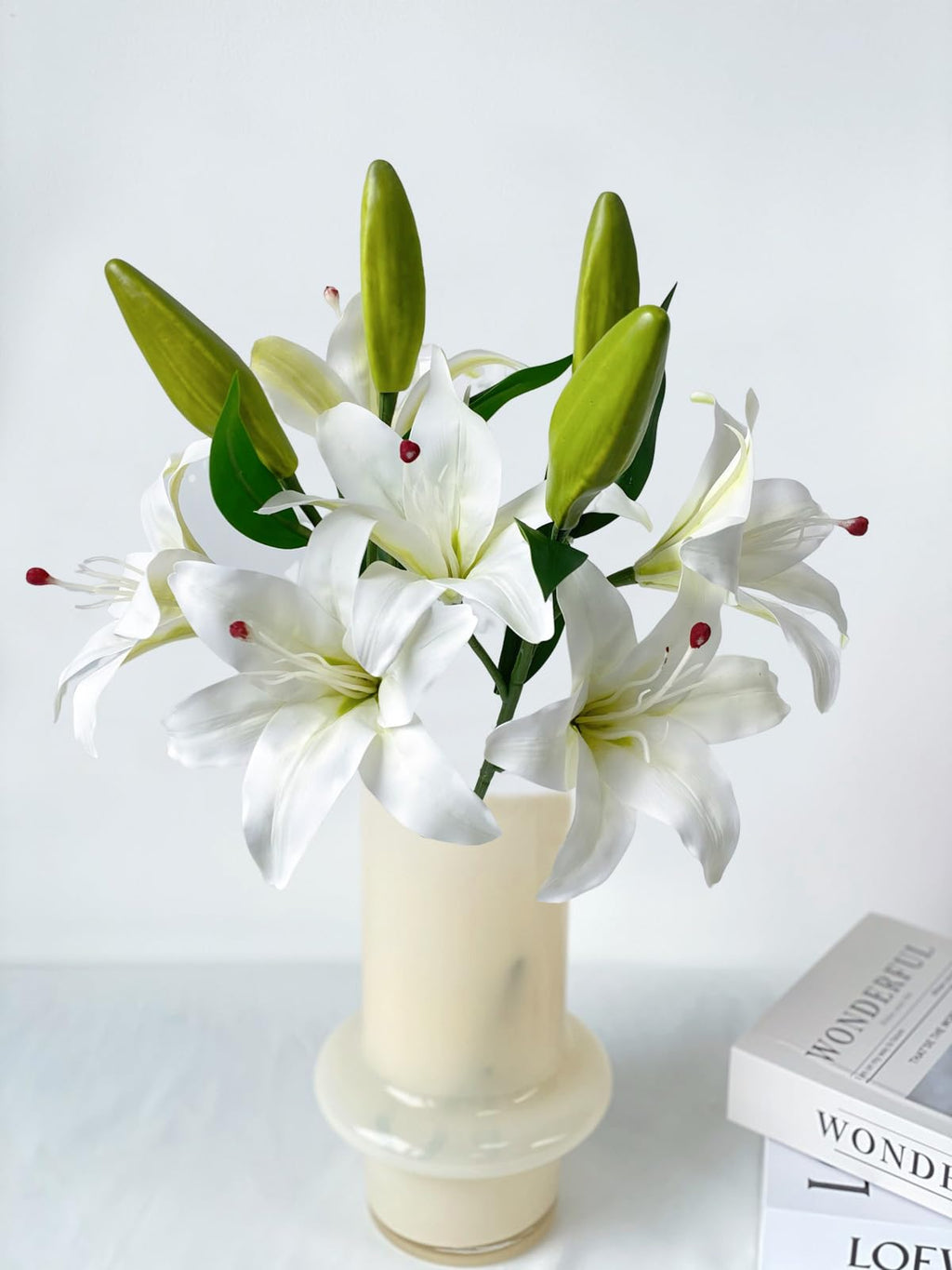 2 Pcs White Stargazer Lily Artificial for Decoration, 28 inch Long Stems Real Touch latex Fake, Faux Silk Easter