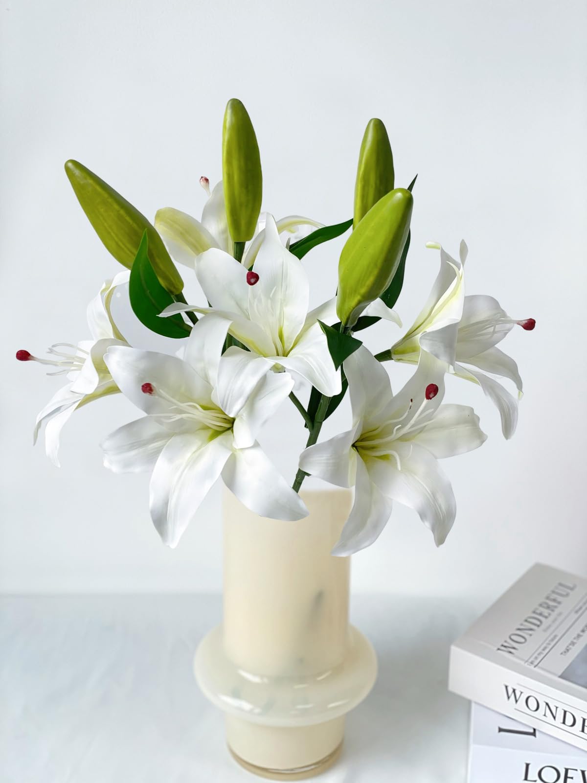 2 Pcs White Stargazer Lily Artificial for Decoration, 28 inch Long Stems Real Touch latex Fake, Faux Silk Easter