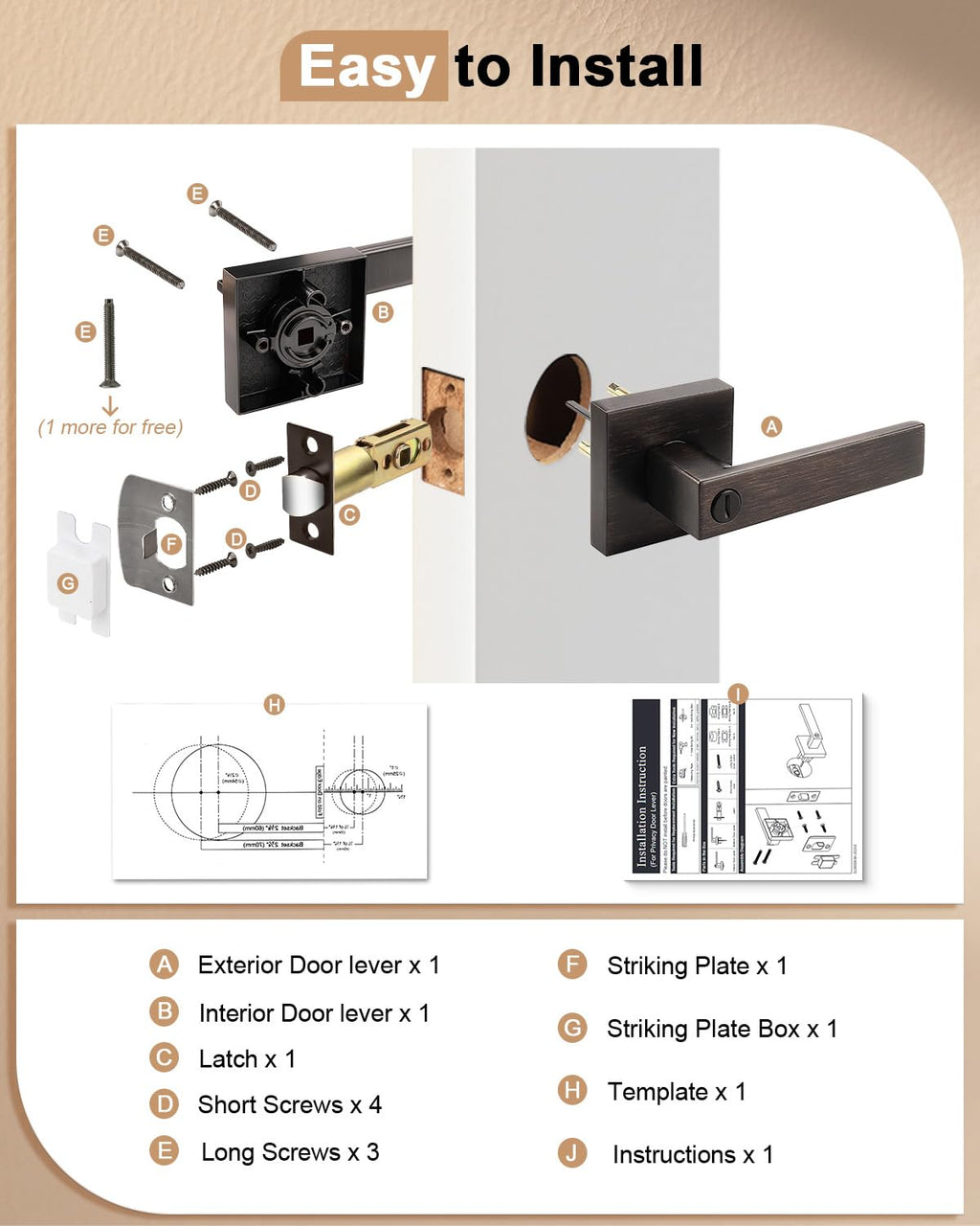 Bed and Bath Door Locks Interior Heavy Duty Privacy Levers in Oil Rubbed Bronze Modern Square Door Handles Keyless