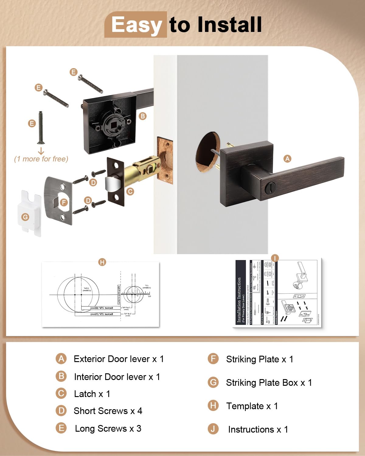 Bed and Bath Door Locks Interior Heavy Duty Privacy Levers in Oil Rubbed Bronze Modern Square Door Handles Keyless