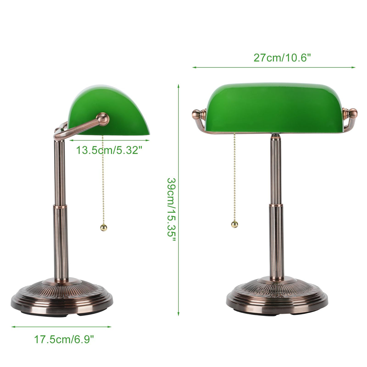 Bankers Desk Lamp, Pull Chain Switch (Copper+Green)
