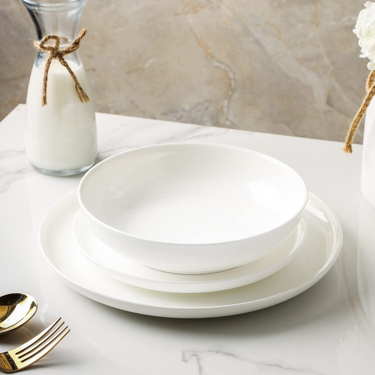 Lain Gabrielle Bone China Dinnerware Set, 12-Piece Service for 4, Solid White