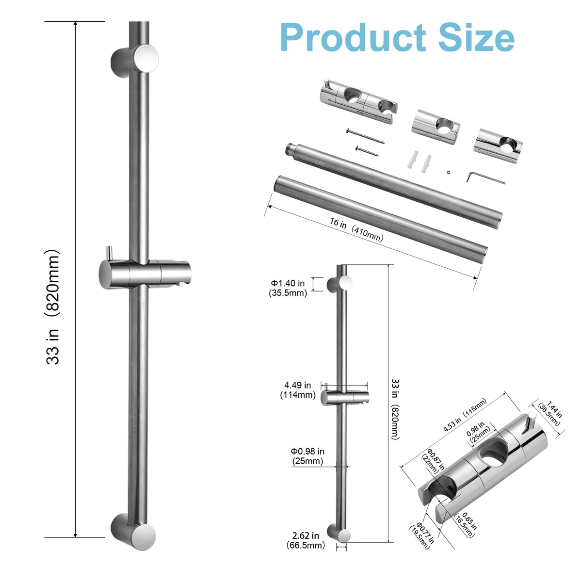 Shower Slide Bar Combo, 33 in Segmental Slide Bar with 6-Mode High Pressure Handheld Shower Head and 60 in Stainless