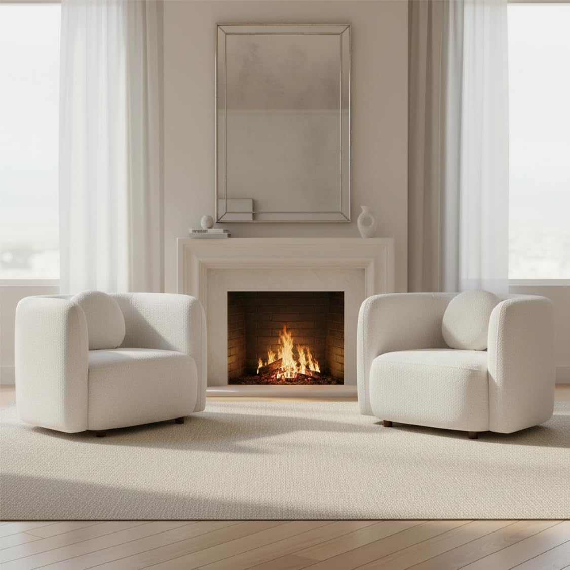 Barrel Chairs Set of 2, 39", Upholstered, Boucle, White