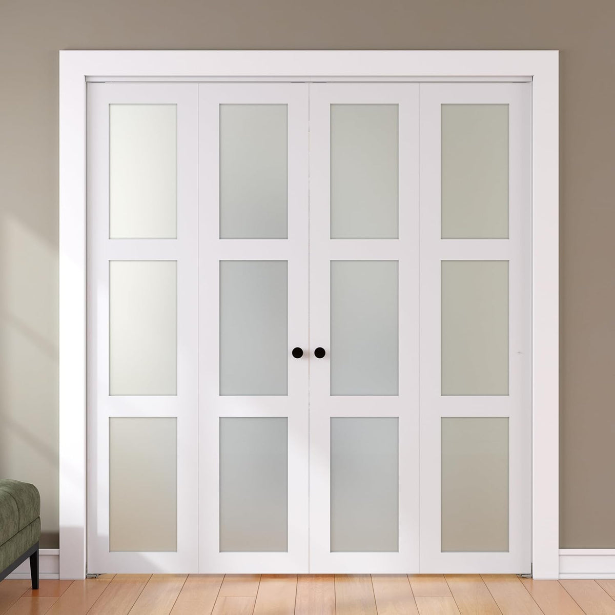 Bifold Door, for 64"x 80" Opening,Tempered Frosted Glass Closet Folding Barn Door with Hardware Kit, Water-Proof PVC