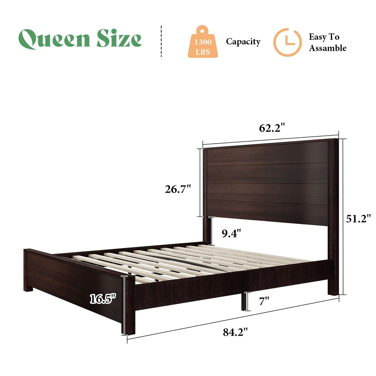 51.2" Queen Size Bed Frame, Farmhouse Wood Platform Bed, Walnut