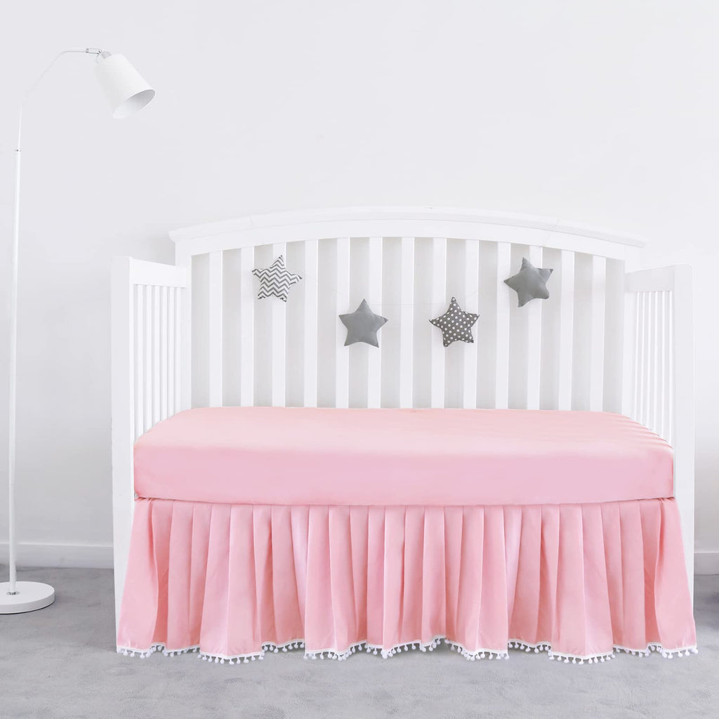 Crib Skirt with Pompoms Pink, 14" Drop, Fits Standard Crib