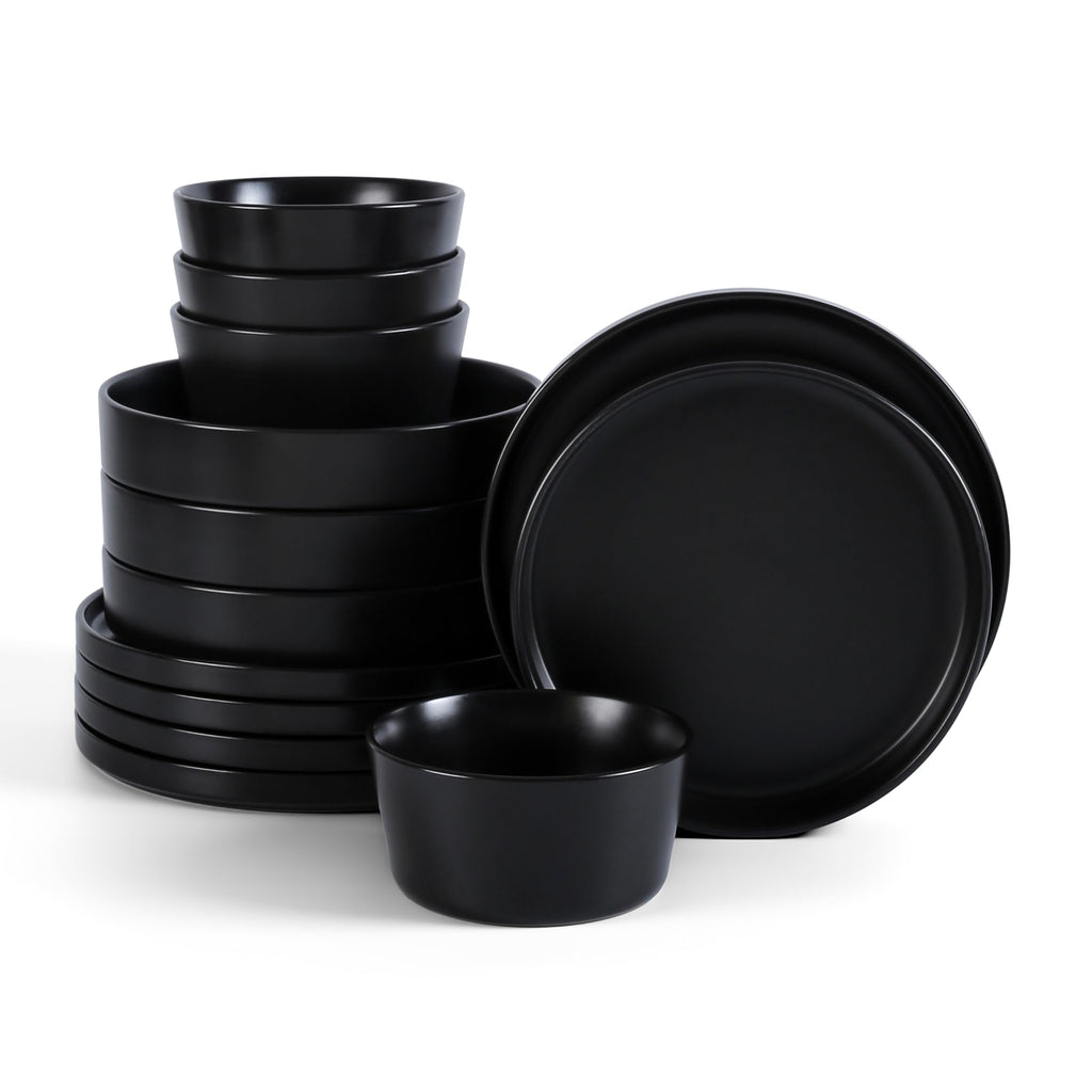 Lain Celina Stoneware 12-Piece Dinnerware Set, Cereal and Pasta Bowls, Black, Coupe