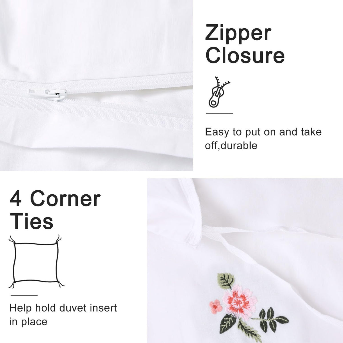 Pink Floral Duvet Cover Set Embroidered White Cotton Bedding Set