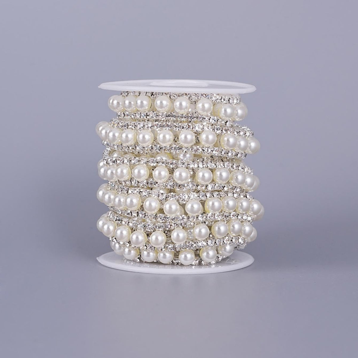 2 Rows Rhinestone Trim, Crystal Chain Inlaid White Pearl Beaded - 2 Yard