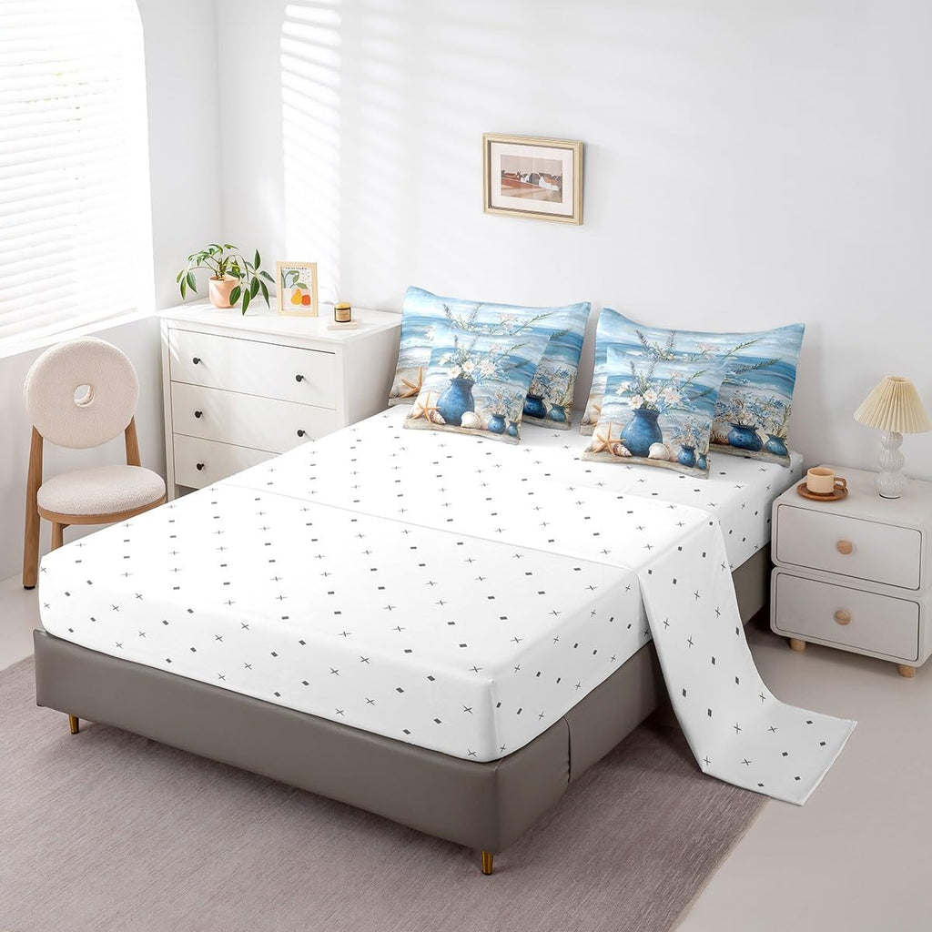 7 Piece Coastal Beach Floral Bedding Set, Ocean Waves Starfish Sea Shell Bed in a Bag with Sheets, Aesthetic