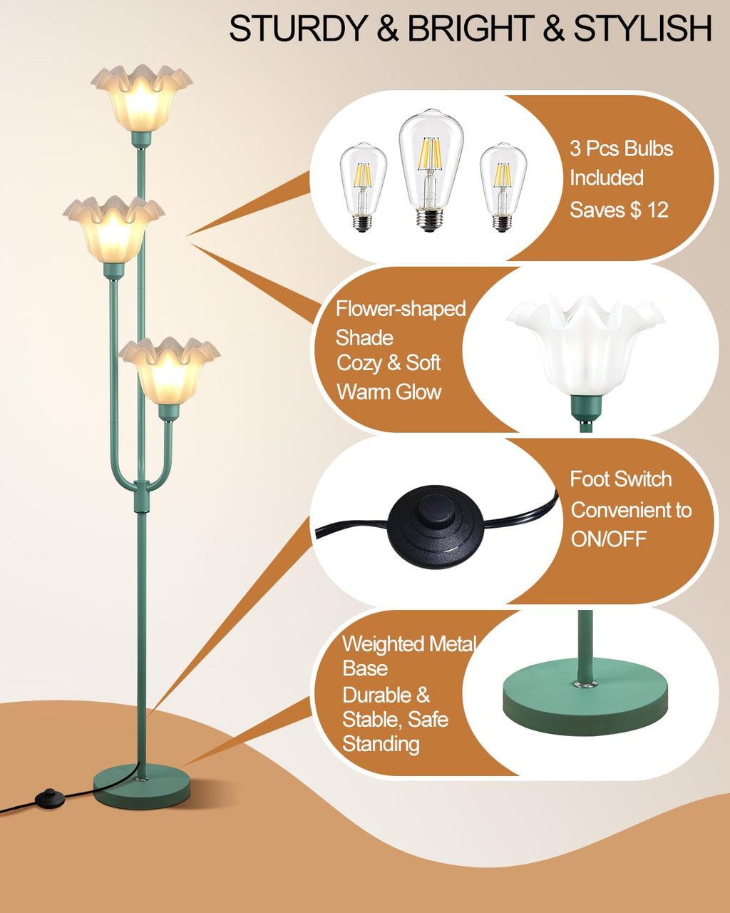 66 Inch Flower Green Floor Lamp Bedroom Office, 3-Light Mid Century Standing Lamp with 3000K Warm White LED Bulbs