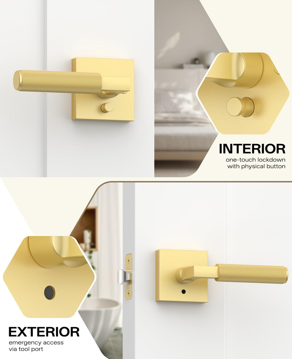 3 Pack Brushed Gold Privacy Interior Door Handles