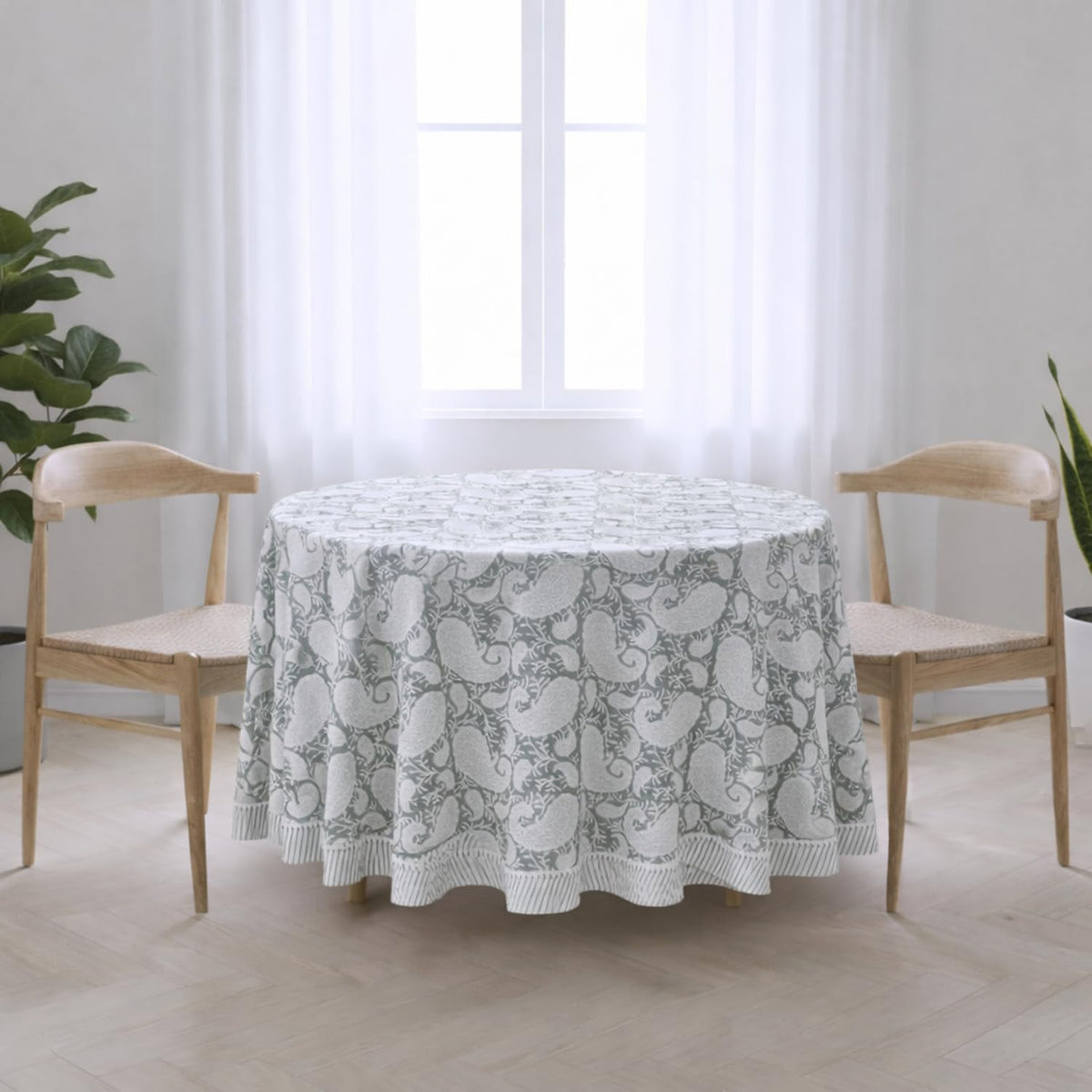 Hand Block Printed Round Tablecloth, Cyan Blue Floral Cotton Table Cover with Striped Border, Handmade Dining &