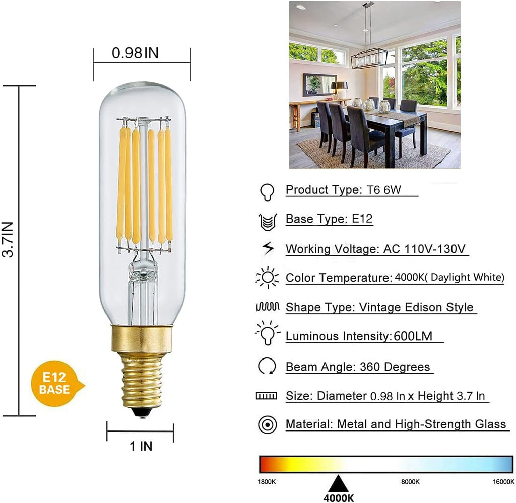 Dimmable T6 led Bulb Daylight White 4000K,6W Equal 60W led Chandelier Light Bulbs, E12 Base Small Edison Vintage Bulb