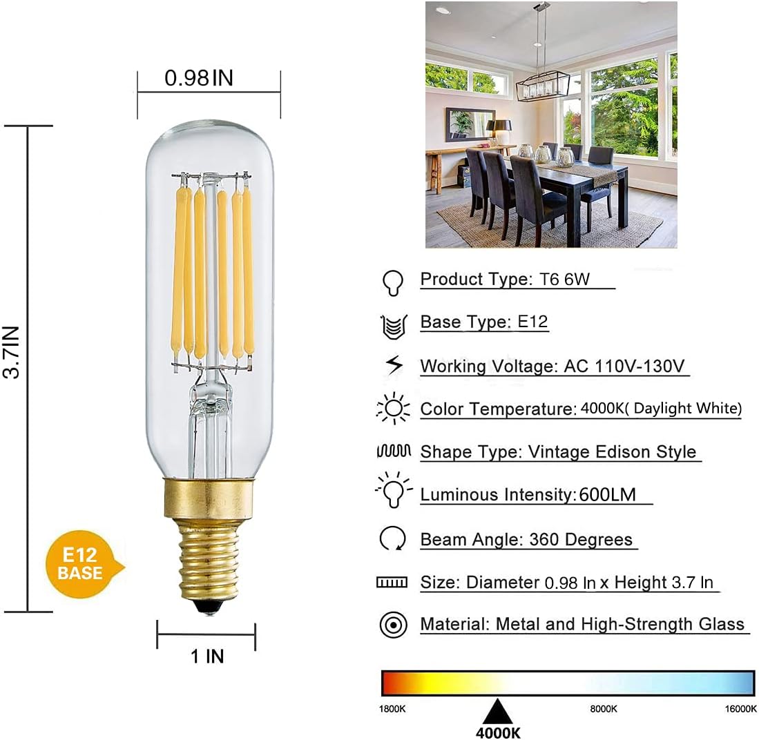 Dimmable T6 led Bulb Daylight White 4000K,6W Equal 60W led Chandelier Light Bulbs, E12 Base Small Edison Vintage Bulb
