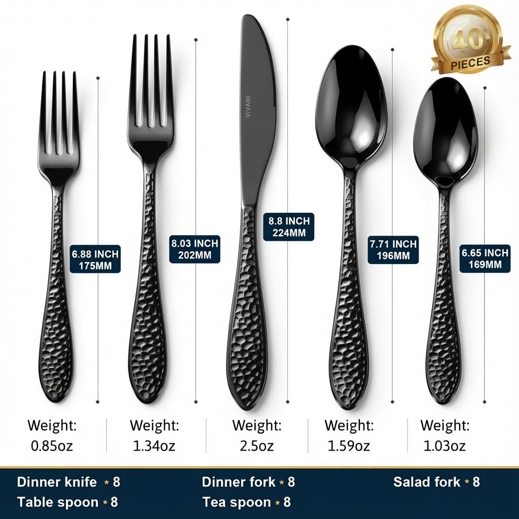 40-Piece Black Silverware Set, Hammered Flatware Set, Service for 8