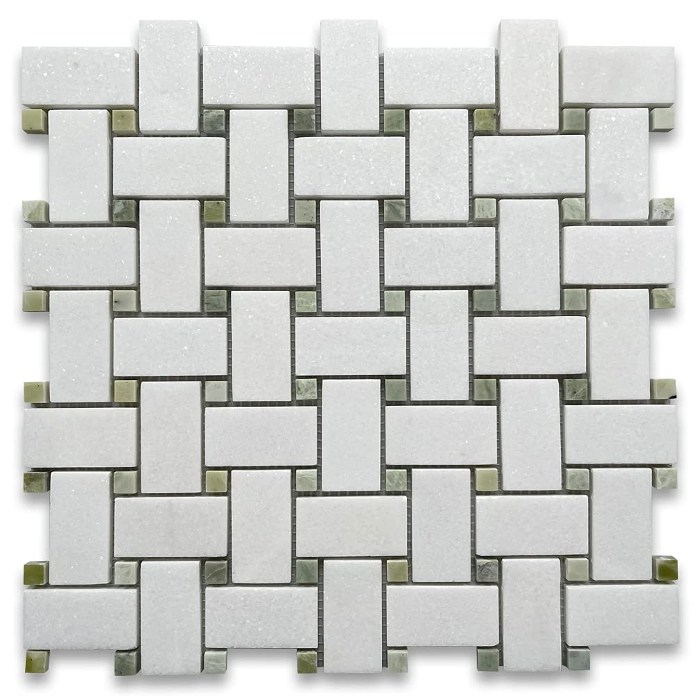 Thassos White Marble 1x2 Basketweave Mosaic Tile w/Green Jade Dots Honed Kitchen Bath Wall Floor Backsplash Shower (1