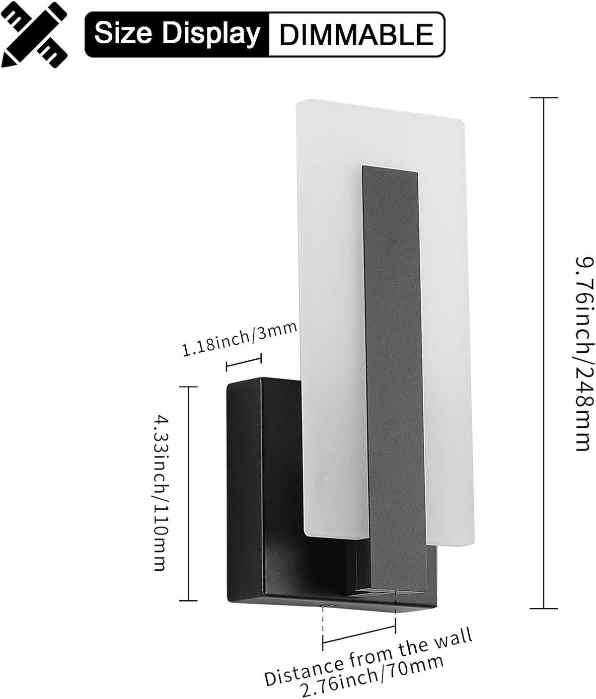 Modern LED Wall Sconce Dimmable Wall Mounted Lamp Set of 2, Black 3000K Warm White Wall Lamp, Hardwired Bathroom