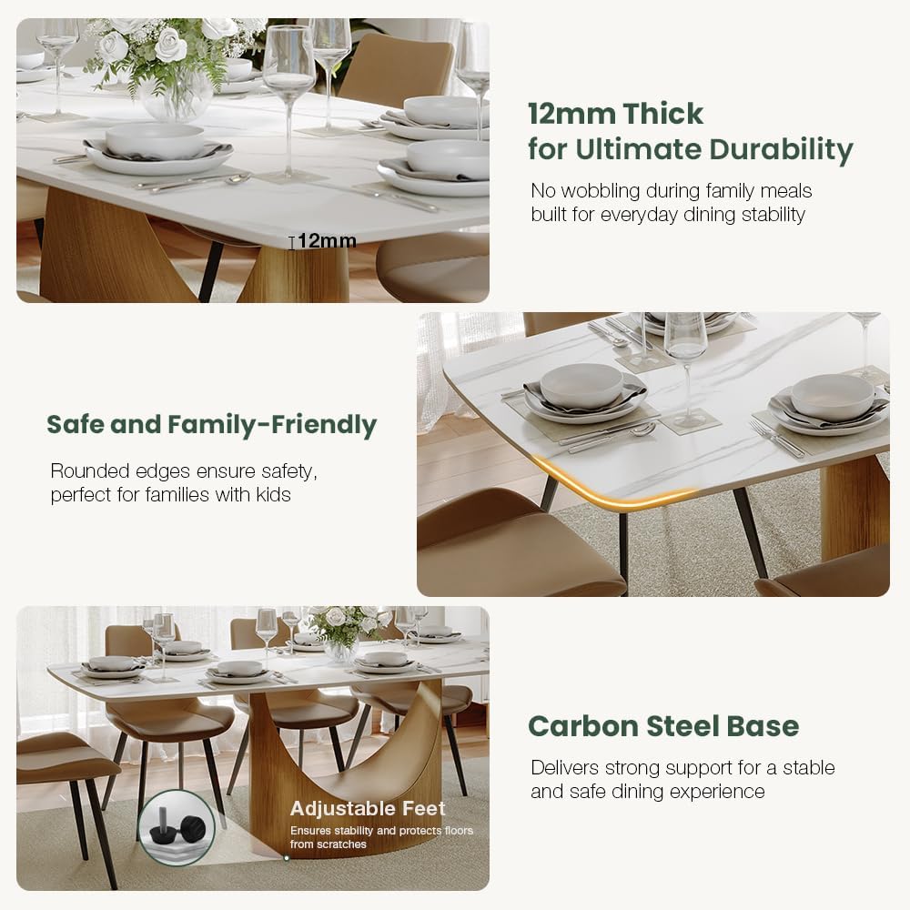 71" Hobart Modern Rectangular Dining Table for 6, Glossy White Sintered Stone Tabletop with Bronze Carbon Steel