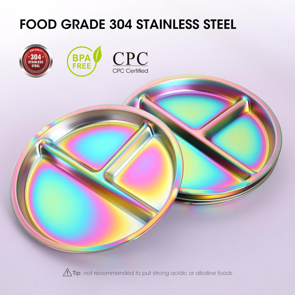 Stainless Steel Kids Plates, 4 Pack Round Divided Toddler Plates, Portion Control Plate 9 Inch