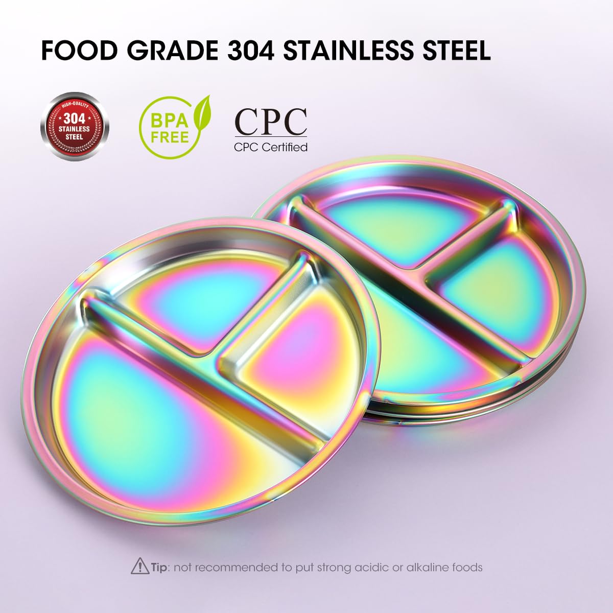 Stainless Steel Kids Plates, 4 Pack Round Divided Toddler Plates, Portion Control Plate 9 Inch