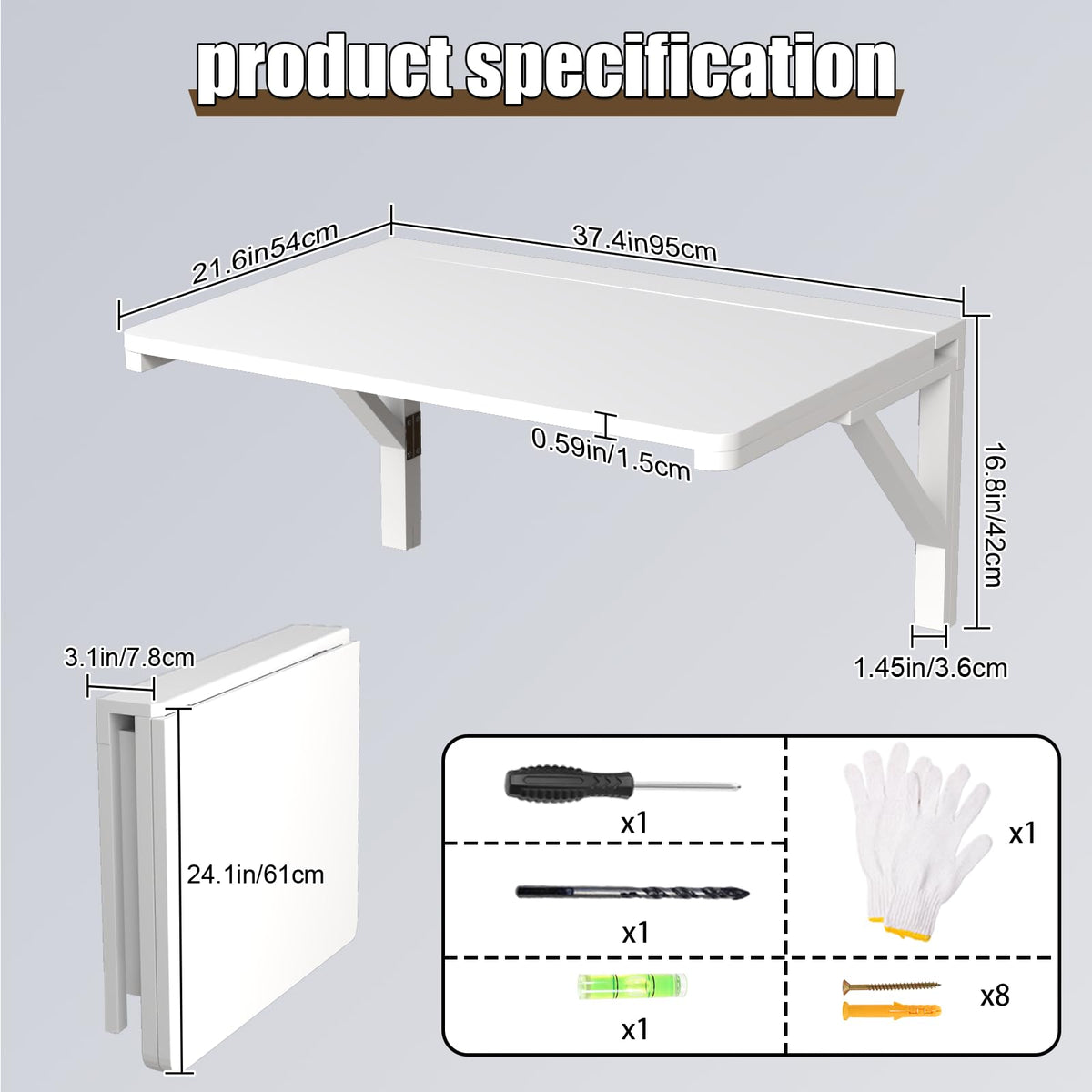 Wall Mounted Folding Table - White 37.4x21.6 Inch Wood Space-Saving Drop-Leaf for Laundry, Kitchen, Bedroom. Mounts