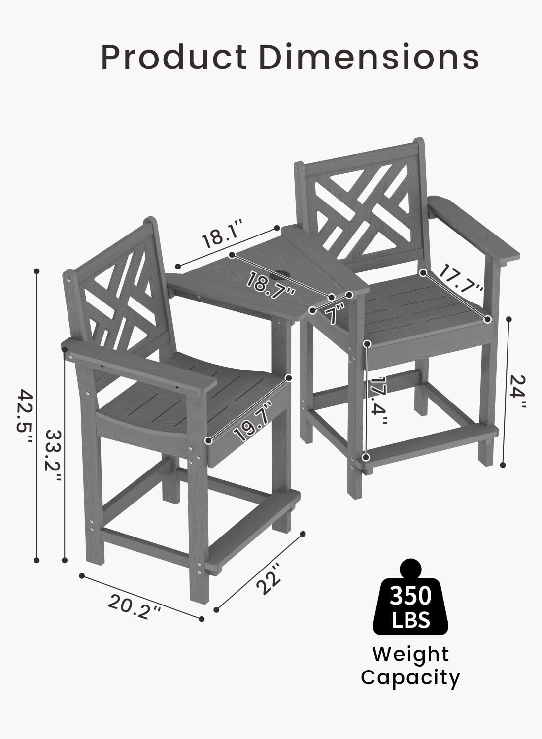 Tall Adirondack Chairs Set of 2, Outdoor 24'' Counter Height Bar Stools with Back and Arms, All-Weather HDPE Patio