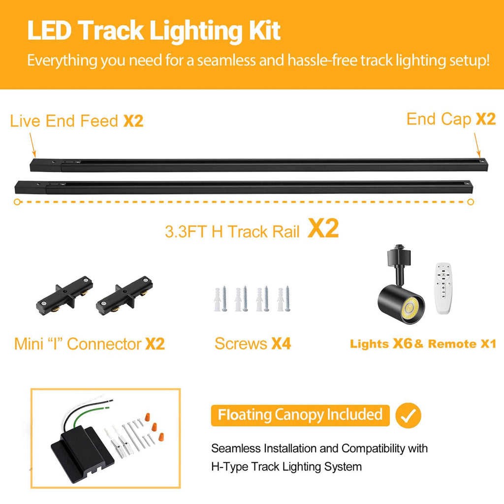 6 Lights Remote Control LED Track Lighting Kit Dimmable, 10W Black