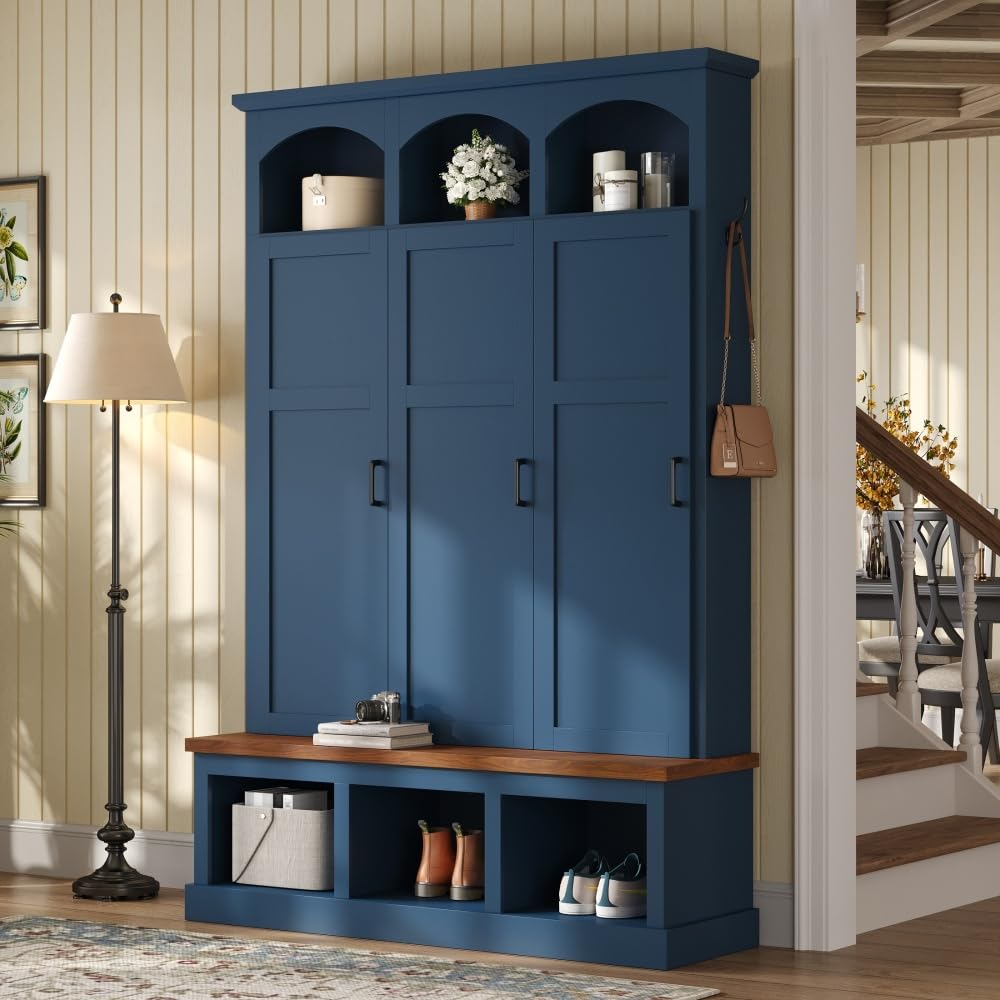 Farmhouse Blue Hall Tree with Bench, 3 Hidden Storage with 3 Hooks