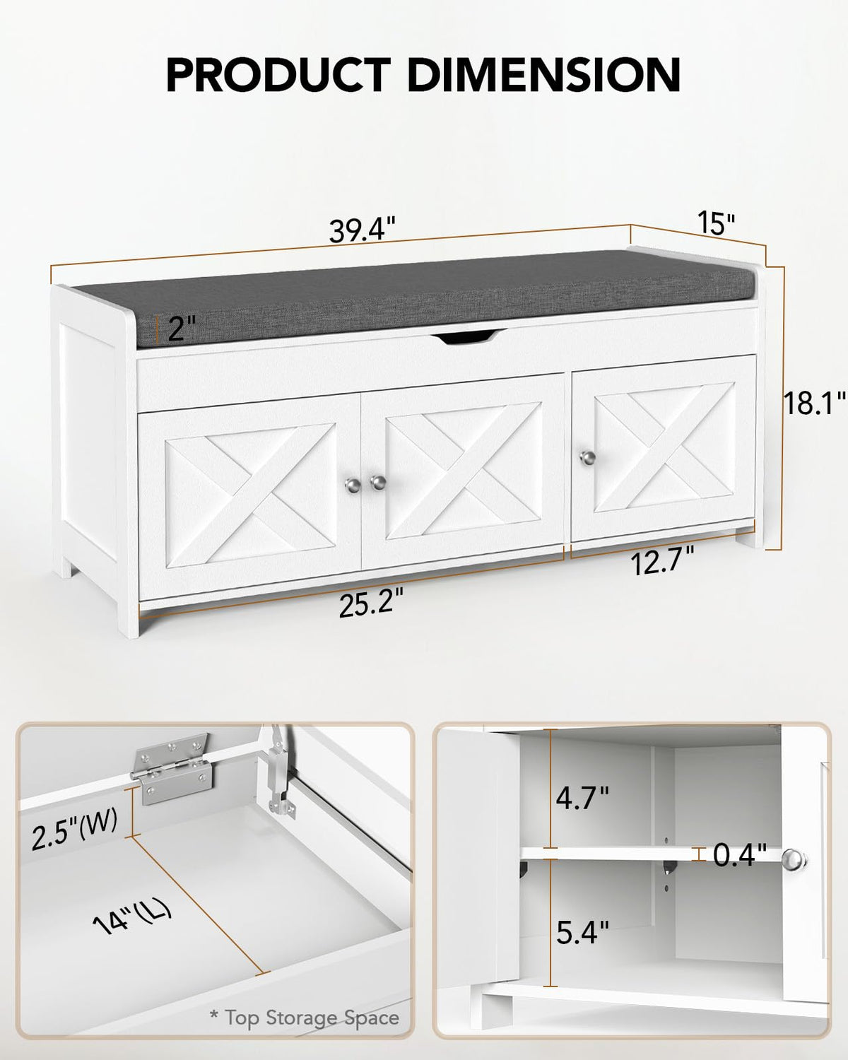 Farmhouse Shoe Storage Bench with Cushion, 3 Doors & Lift-Top Storage, Adjustable Shelves, 300 lbs Capacity Entryway
