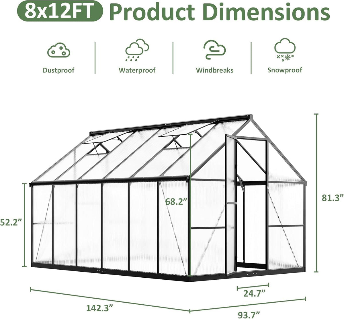 8x12 FT Outdoor Walk-in Polycarbonate Greenhouse