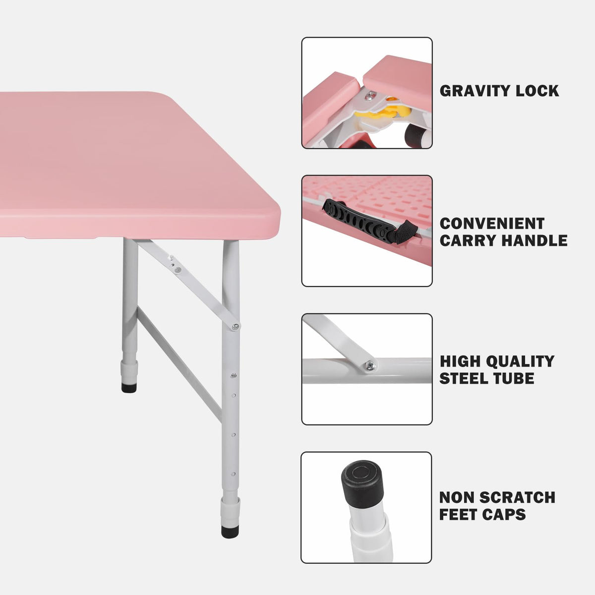 4 FT Folding Table with Carry Handle, Portable Fold-in-Half Plastic Table, Rectangle Foldable Table for