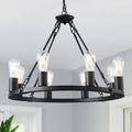 8-Light Wagon-Wheel Chandelier, Farmhouse Ring Fixture for Dining and Entry