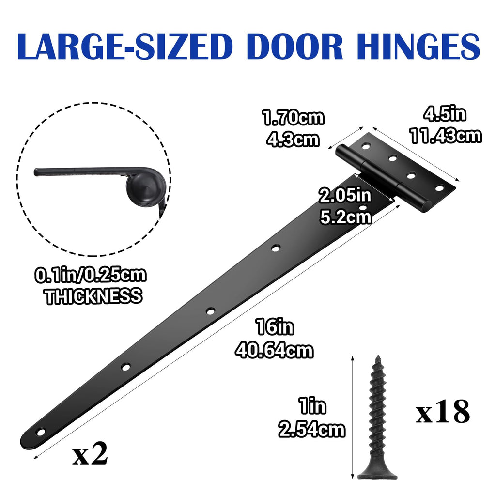2 Pack 16-Inch Heavy Duty T-Strap Hinges, Black Wrought Iron Gate Hinges with Rust-Resistant Coating, Large 270°