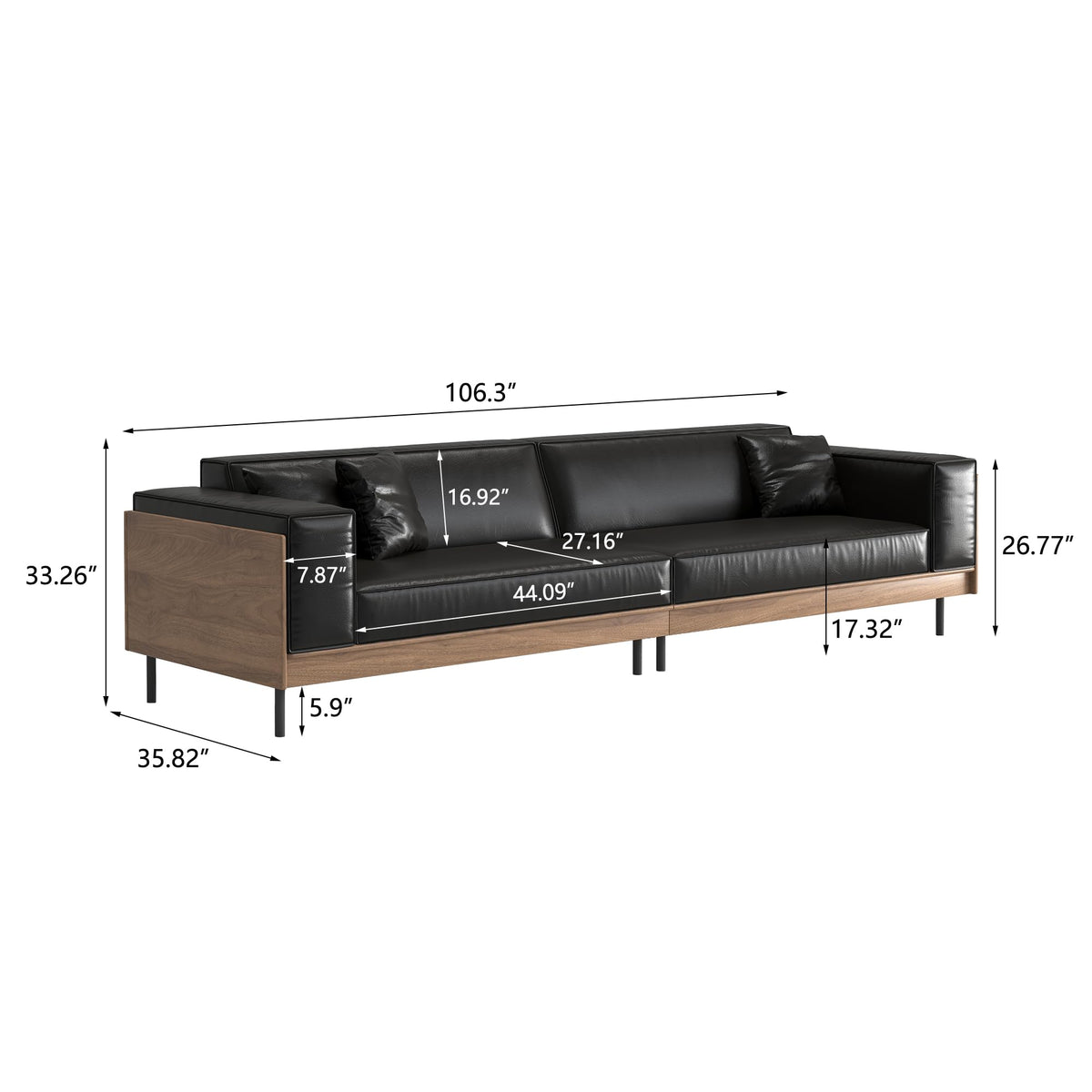 106.3" Mid-Century Modern Leather Sofa Couch with Wood Frame