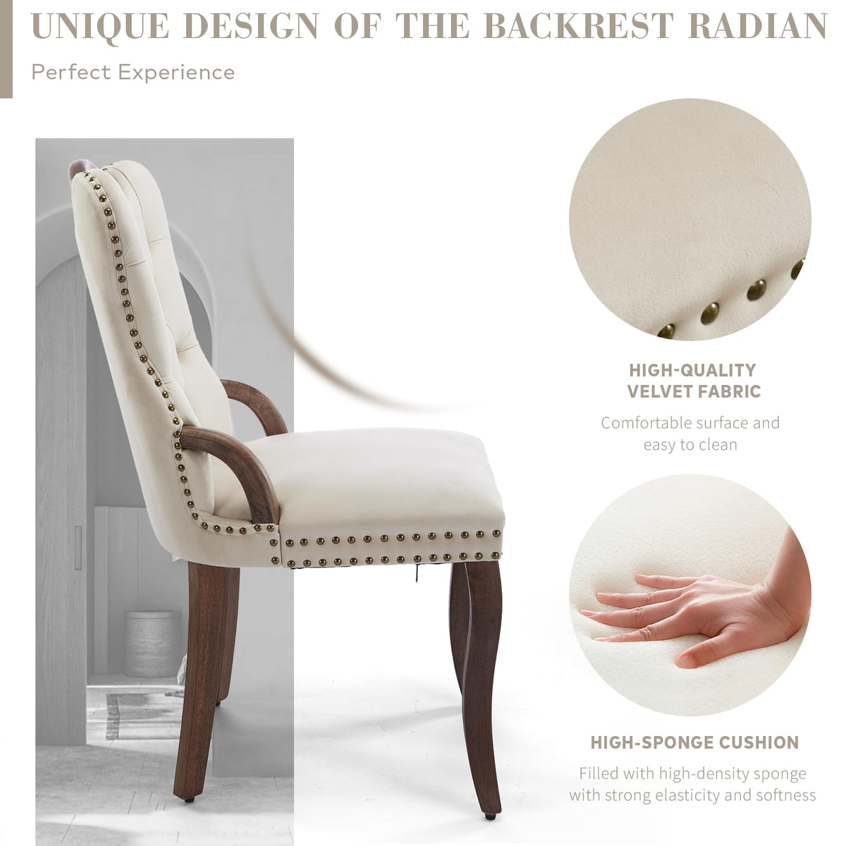 Velvet Dining Chair Set of 2, Solid Wood Handles, Upholstered Tufted Dining Room Chair with Nailhead Trim (Beige)