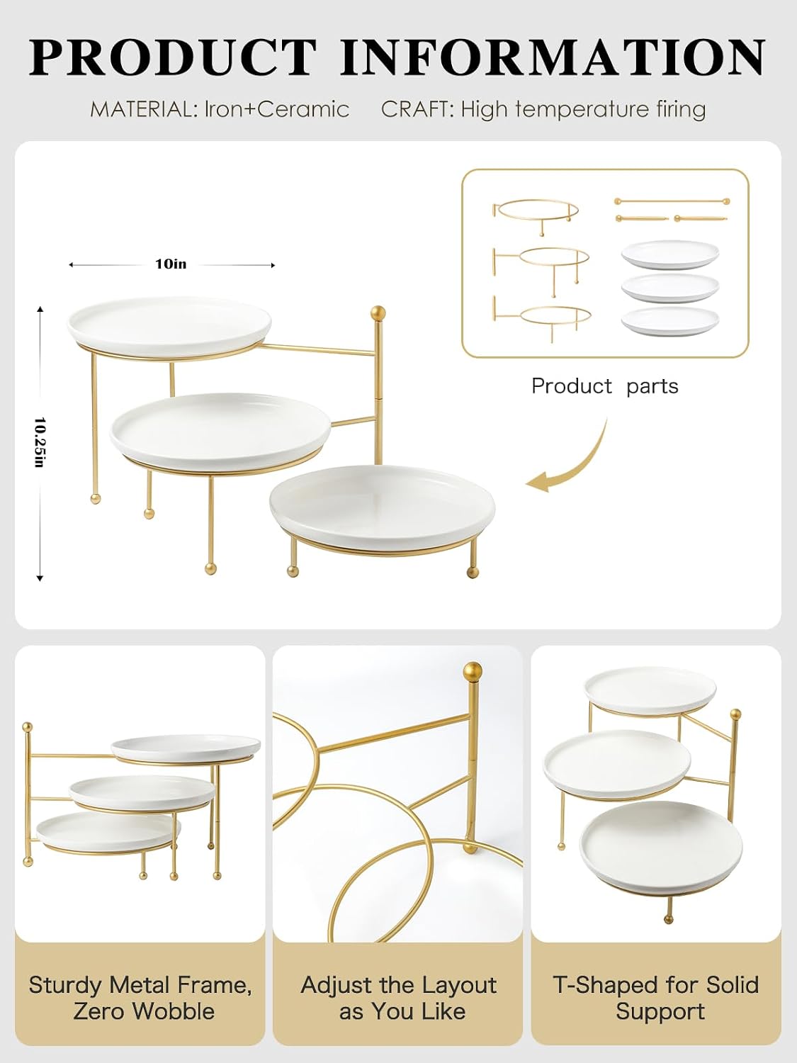 3 Tiered Serving Stand with White Porcelain Plates, 10" Round Tray, dessert table display set, Gold Metal Stand
