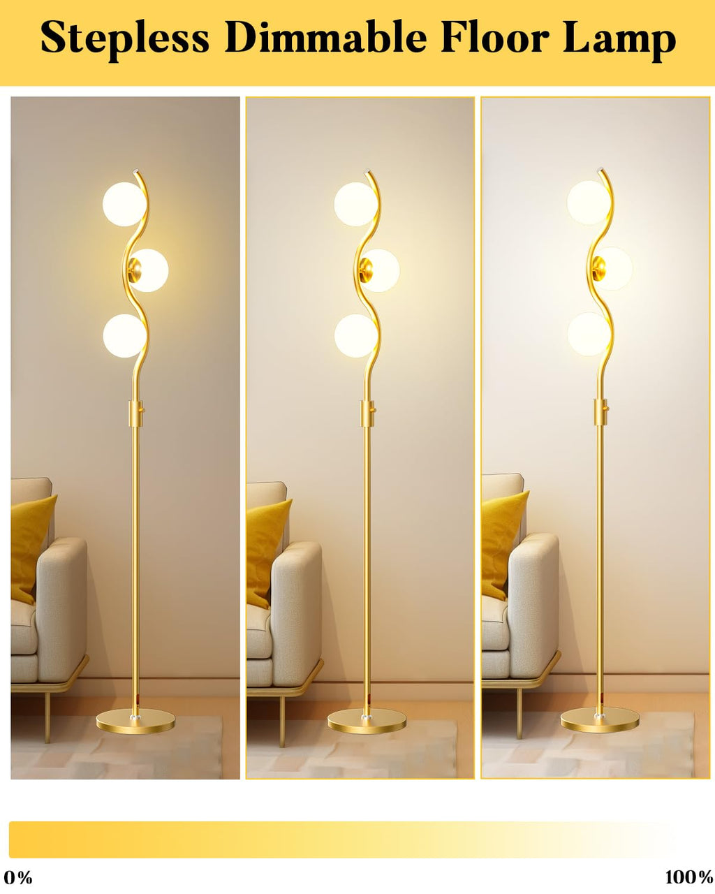 60IN Gold Floor Lamp Stepless Dimmable Globe Floor Lamps with 3Pcs 3000K Bulbs Included Eye-Friendly Mid Century