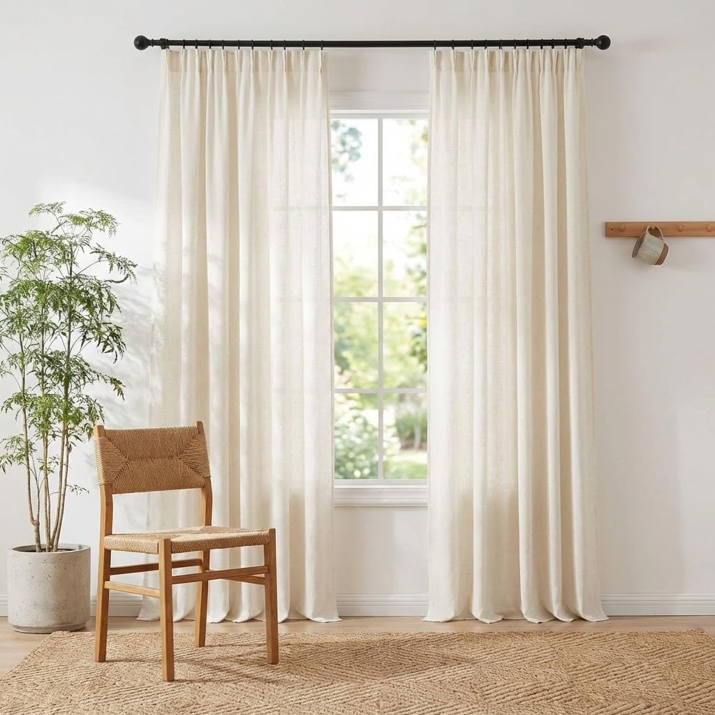 Natural Linen and polyester Curtains, Back Tab & Rod Pocket with Pleat Tab Privacy Added with Light