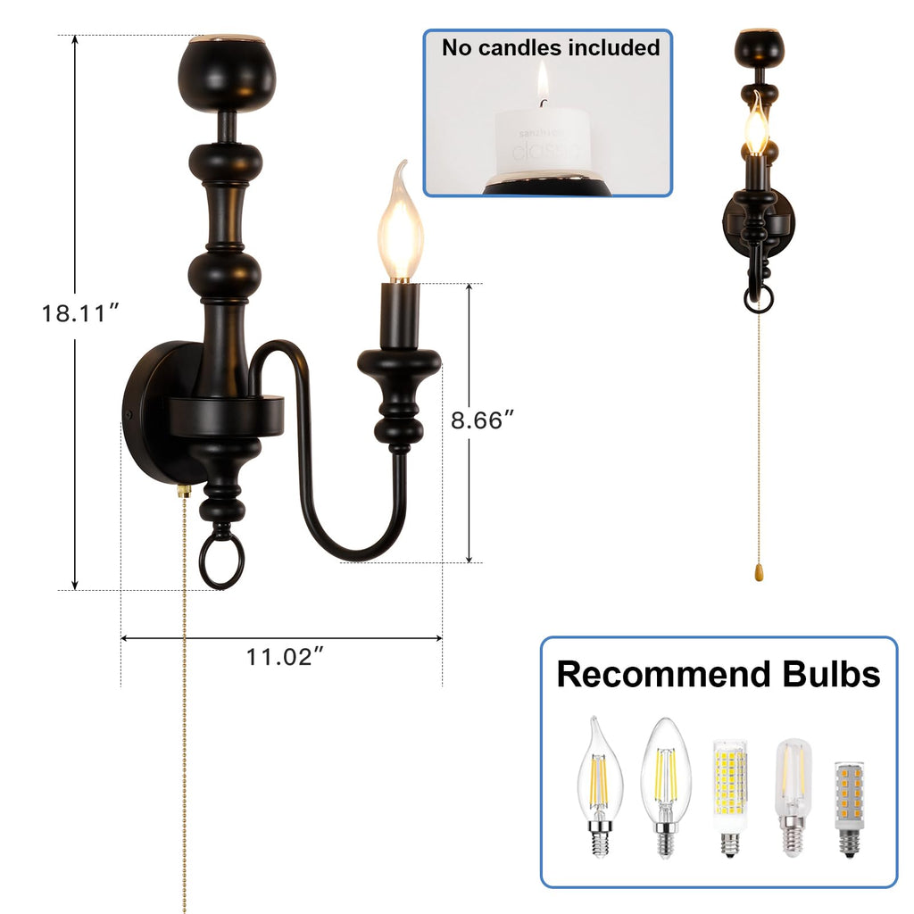 Matte Black Iron Single‐Arm Wall Sconce, Retro Farmhouse Hardwired Wall Lamp with Scented Candle Tray & Pull Chain