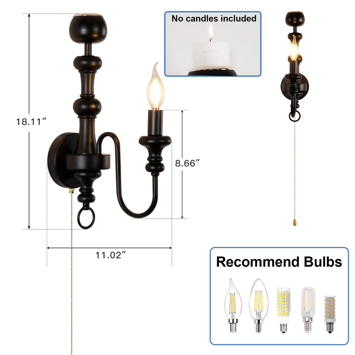 Matte Black Iron Single‐Arm Wall Sconce, Retro Farmhouse Hardwired Wall Lamp with Scented Candle Tray & Pull Chain
