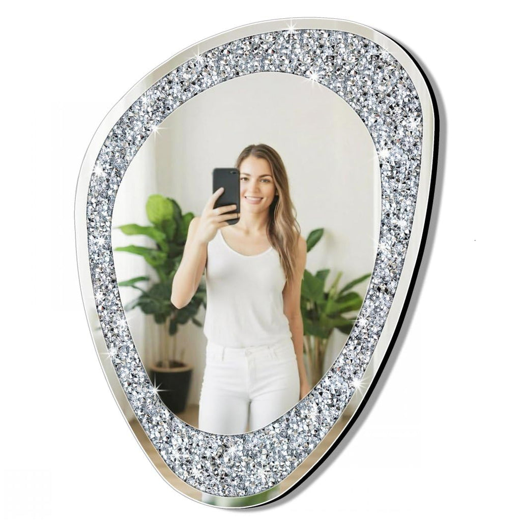 Modern Irregular Shaped Wall Mirror - 32x23.5 Inch Decorative Oval Diamond Decor Mirror