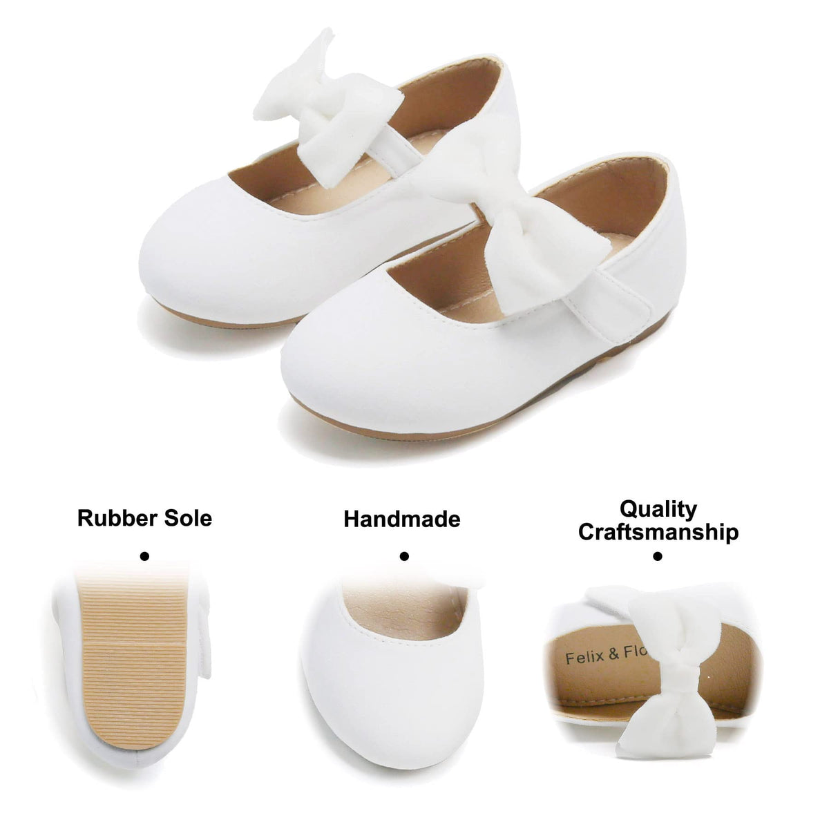Toddler Flower Girl Dress Shoes - Girl Ballet Mary Jane Flats White Party School Wedding