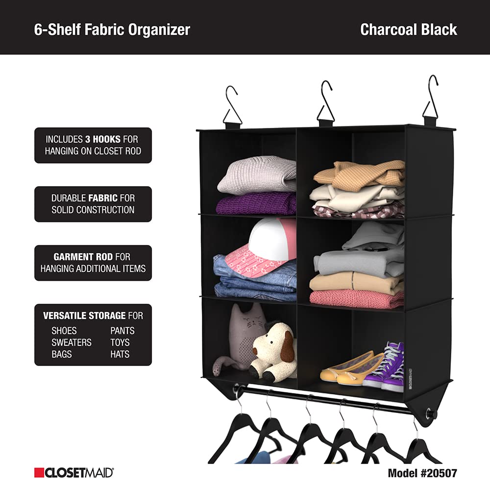 6-Shelf Fabric Hanging Closet Organizer with Garment Rod for Shirts, Sweaters, Pants, Hats, Shoes, Purses with