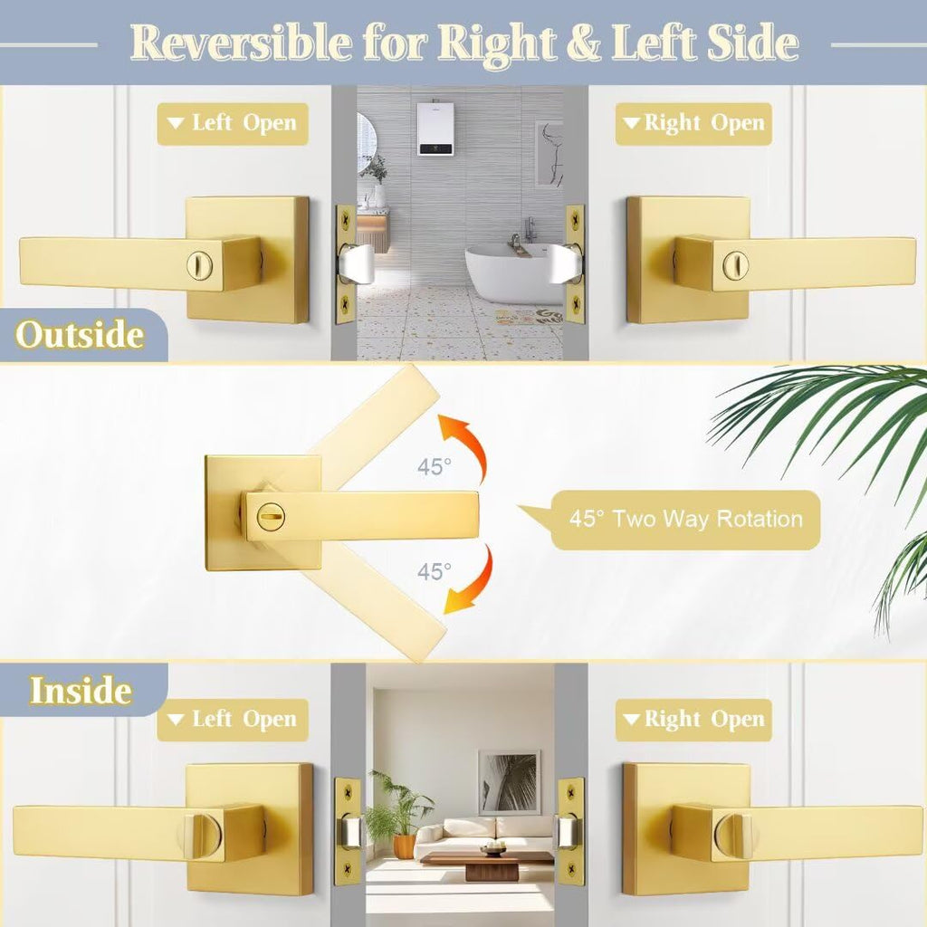 Gold Goor Handles Interior, Brass Privacy Lever Door Handle Keyless, Square Heavy Duty Reversible Interior Door